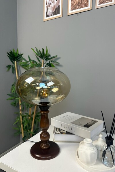 Bamyum Solvia Bal Cam Ahşap Sütun Gövde Masa Lambası Masaüstü Aydınlatma Yata...