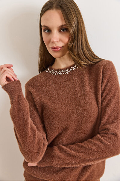 Olalook Women's Brown Collar Stone Detailed Thin Beard Knitwear Sweater Kzk-1...