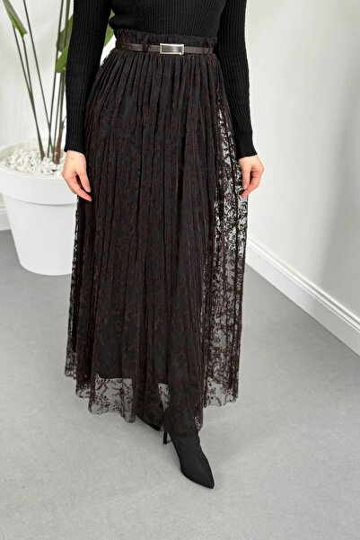 Şulemoda Giyim Fusta din dantelă cu centură Madeleine, maro