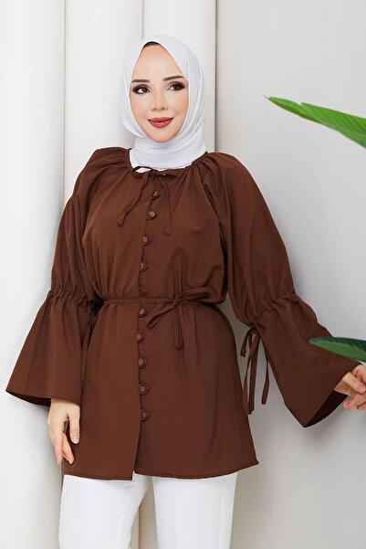 HİFADEN Women's Tie-Up Balloon Sleeve Buttoned Hijab Shirt