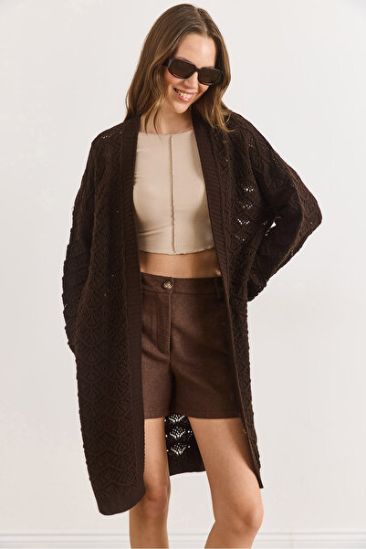 Olalook Women's Bitter Brown Seashell Patterned Long Seasonal Knitwear Cardig...