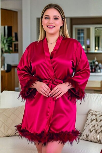 tarzımsüper Plus Size Premium Feathered Satin Dowry Dressing Gown & Kimono