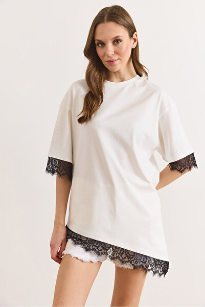 Olalook Women's White Asymmetrical Lace Detailed Cotton Tunic T-Shirt Tsh-190...