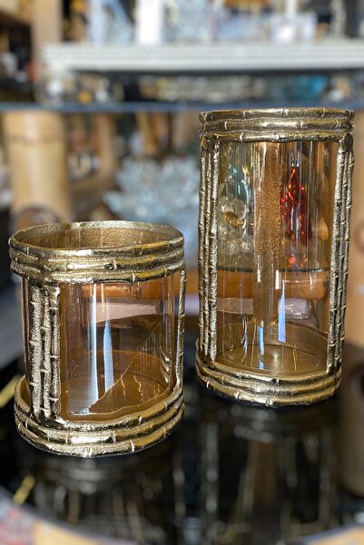 LEMİ DEKORASYON Döküm 2 Li Ortası Cam Gold Yuvarlak Şamdan 15-26 Cm