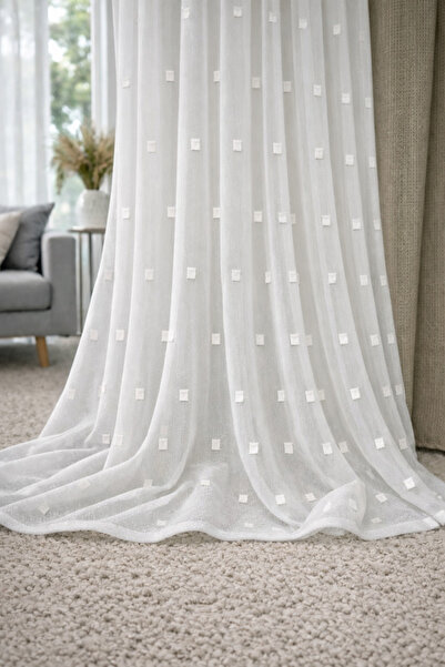 Fluiana Ponpon Desen Beyaz Tül Perde | 1/3 Sık Pile | Ağır Gramaj | Ütü İstem...