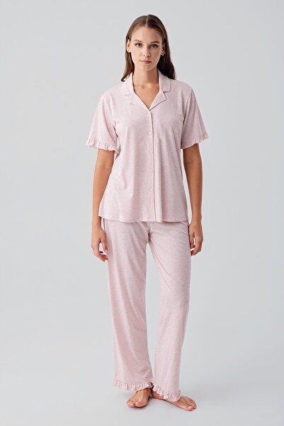 Artış Short Sleeve Buttoned Ruffle Cotton Pajama Set