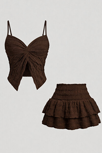 Wild Flower Ruffled Alaçatı Sitili Strap Blouse and Layered Mini Shorts Skirt...