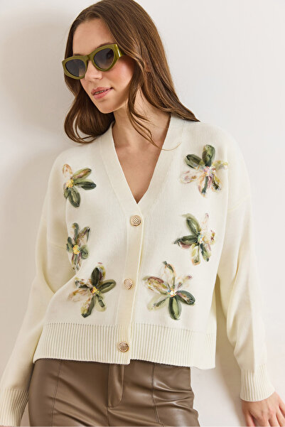 Olalook Women's White Green Accessory Detailed Knitwear Cardigan Hrk-19000476