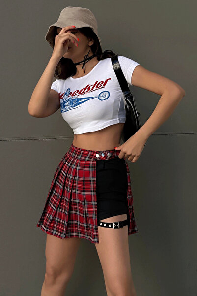 harmony factory Red Plaid Belted Mini Skirt with Shorts Women Y2K Streetwear