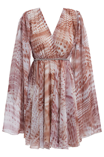 Keikei Desenli Sifon Uzun Kol Kısa Elbise