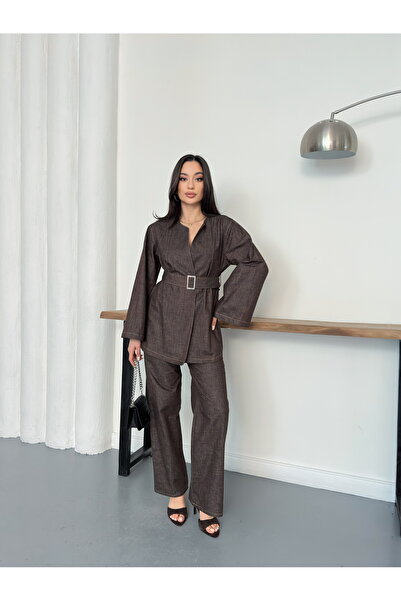 Ekim Store Belt Detailed Kimono Jacket Pants Denim Set