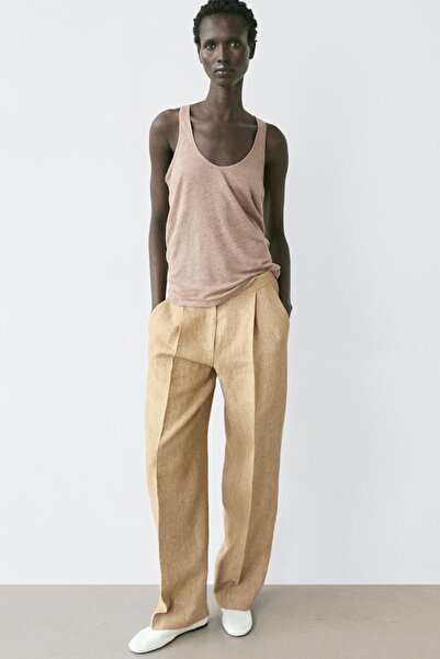 Massimo Dutti Keten karışımlı pens detaylı dökümlü pantolon