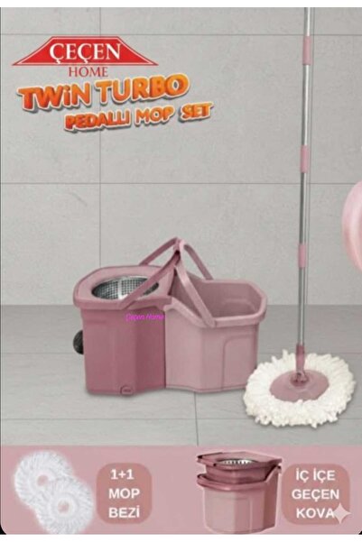 ÇEÇEN HOME Twin Turbo Pedallı Mop Seti Kirli-Temiz Ayrı Su Hazneli Çelik Temi...