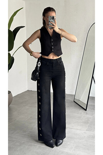 asfamoda Pantaloni de damă negri, cu detalii tip inel, cu picior larg, cu tal...