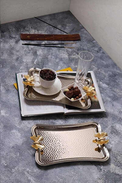 ZİORA HOME 2 Adet Kelebekli Dövme Desenli Kahve Sunumluk Metal Damat Söz Teps...