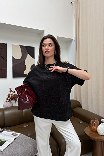 mylove تيشيرت بأكمام قصيرة لامع باللون الأسود