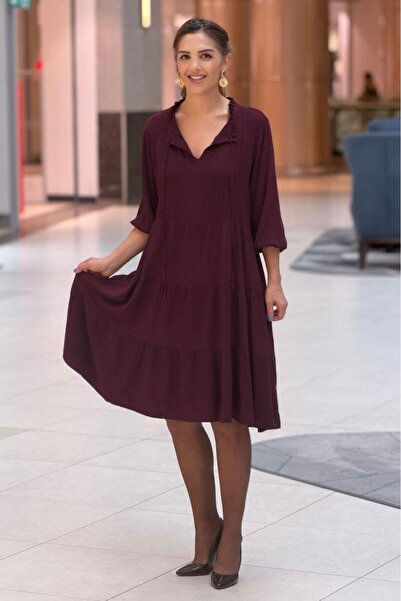 Nevin Kaya Moda Burgundy Color Ribbed Dress