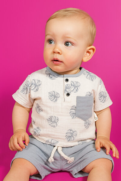 agugu Leaf Patterned Muslin Baby Boy Shorts Set Gray