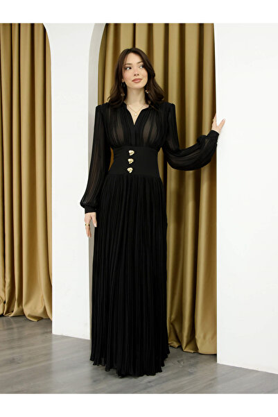 Coral V-Neck Pleated Dress 252732 Black