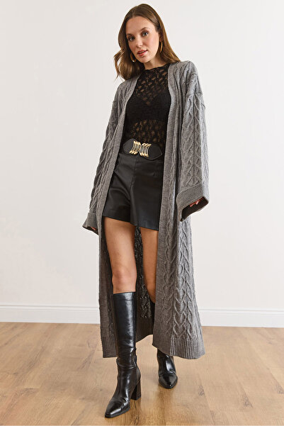 Olalook Women's Gray Hair Knitted Cuff Folded Maxi Knitwear Cardigan Hrk-1900...