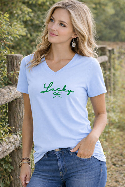 LORVEX V-Neck Women's T-Shirt Lucky Printed – Comfortable Fit Daily Combination