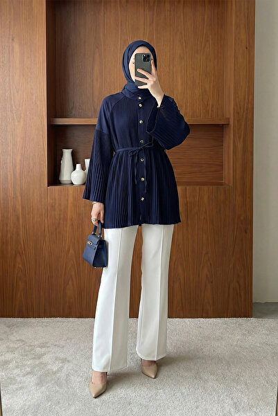 MODAQU Lace-Up Tunic Shirt with Pleated Front and Sleeves - Brown