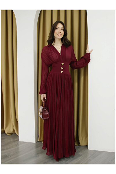 Coral V-Neck Pleated Dress 252732 Burgundy
