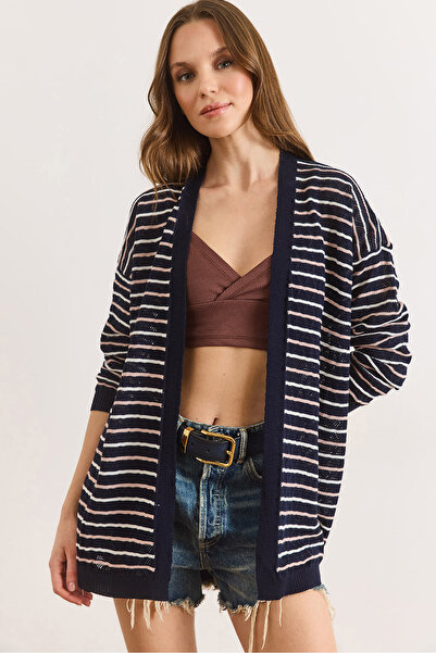 Olalook Women's Navy Blue Colored Striped Openwork Seasonal Knitwear Cardigan...