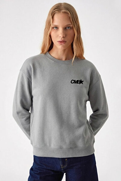 COMBİNE MİCHAİL Women's Cmb Text Printed Gray Loose Sweatshirt