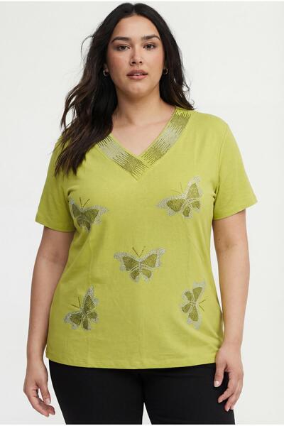 Ebsumu Women's Large Size Butterfly Stone Printed Yellow Blouse
