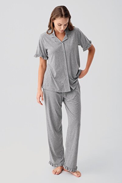 Artış Short Sleeve Buttoned Ruffle Cotton Pajama Set