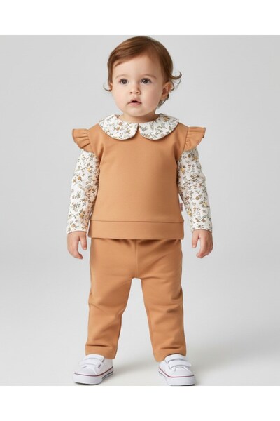 voyyo kids baby طقم مكون من قطعتين للفتيات الصغيرات بتفاصيل ياقة وأكمام، مناس...