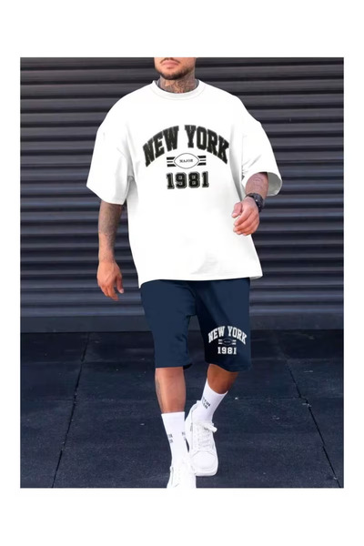 PENTHİLUS 2-Piece Milano Printed White T-Shirt & Black Shorts Set