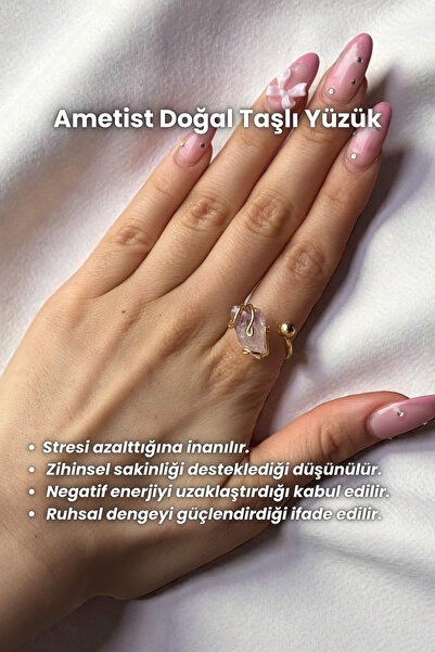 Elifsu Jewelry Ametist Doğal Taş Yüzük Etrafı Sarılı Nokta Detaylı Altın Renk...