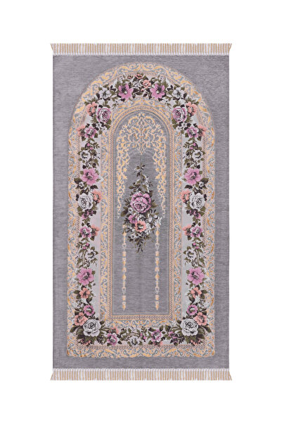 Bursa İpek Gray Mihrap Pattern Embossed Special Woven Prayer Rug