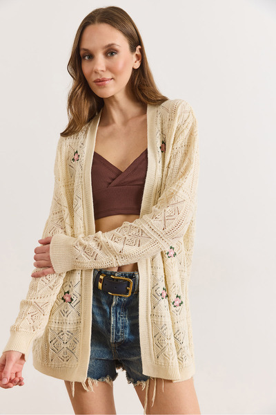 Olalook Women's Ecru Embroidered Openwork Seasonal Knitwear Cardigan Hrk-1900...