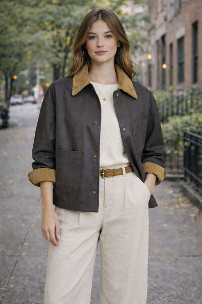 elfy co Kahve Kontrast Yakalı Mevsimlik Ceket