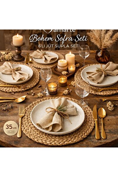 ZenGlow Hasır Jüt Supla 6’lı Set 35 cm Yuvarlak – Doğal Amerikan Servis – Boh...