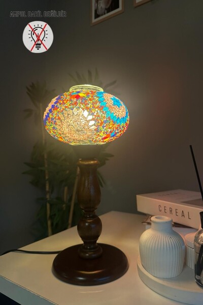 Bamyum Noura Mozaik-C Renkli Cam Ahşap Sütun Gövde Masa Lambası Dekoratif Mas...