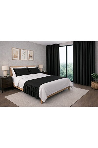 NAKKAŞİ ZARİF Black Bed Runner and Background Curtain Set
