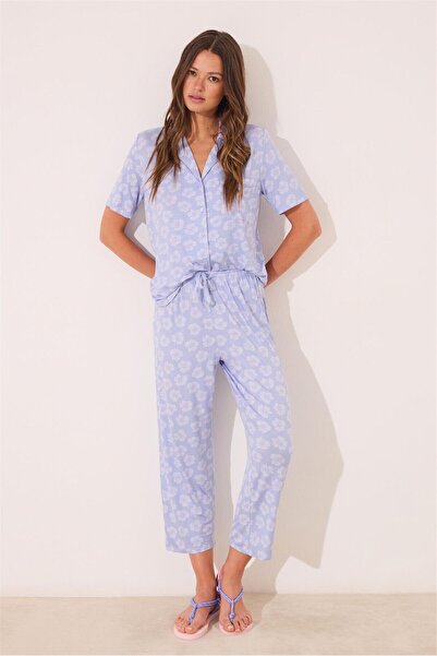 Perspective Women Secret Blue Shirt Collar Floral Patterned Pajama Set