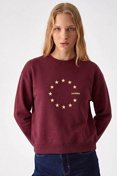 COMBİNE MİCHAİL Women's Star Printed Burgundy Casual Sweatshirt