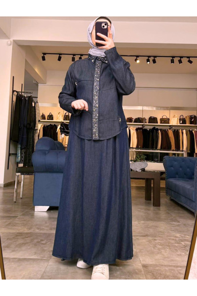 My Magazin Women's Stone Detailed Shirt Skirt Cotton Set 7502