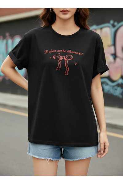 ship master Women's Bow and Text Printed 100% Cotton Oversize Black T-Shirt