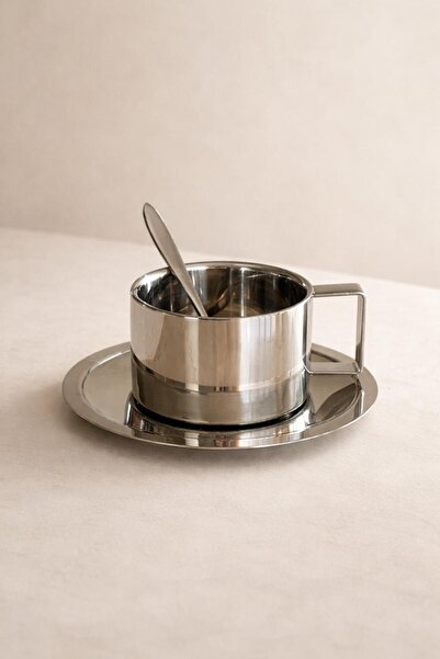 Gaia Concept Paslanmaz Çelik Kahve Fincanı Seti 3 Parça Tabaklı Kaşıklı Dayan...