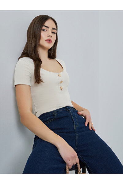 Styli Beige Ribbed Scoop Neck T-Shirt with Star Buttons