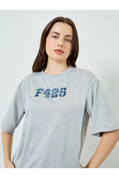 Styli Grey Check Embroidered Oversized T-Shirt