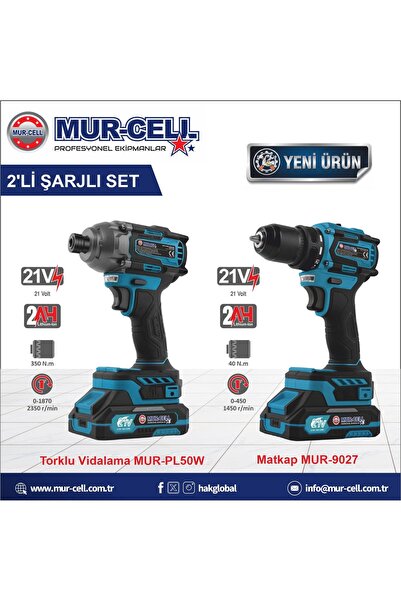 Mur-Cell 21V 2AH KÖMÜRSÜZ 280 NM TORKLU SOMUN SIKMA SÖKME AKÜLÜ MATKAP ŞARJLI...