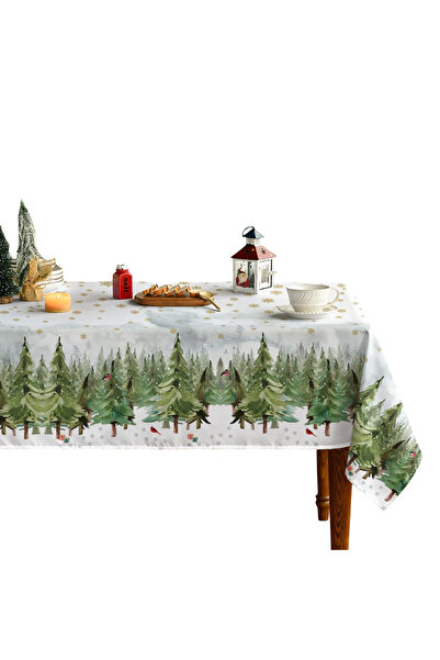 Other Christmas Tablecloth - Soft Polyester , Fir Trees and Gold Flakes - Whi...
