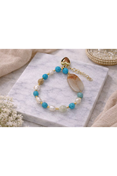 PORSE Real Freshwater Pearl Turquoise and Green Agate Natural Stone Heart Cha...